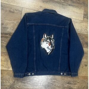 Embroidered Wolf Denim Jean Jacket Navy Blue Medium